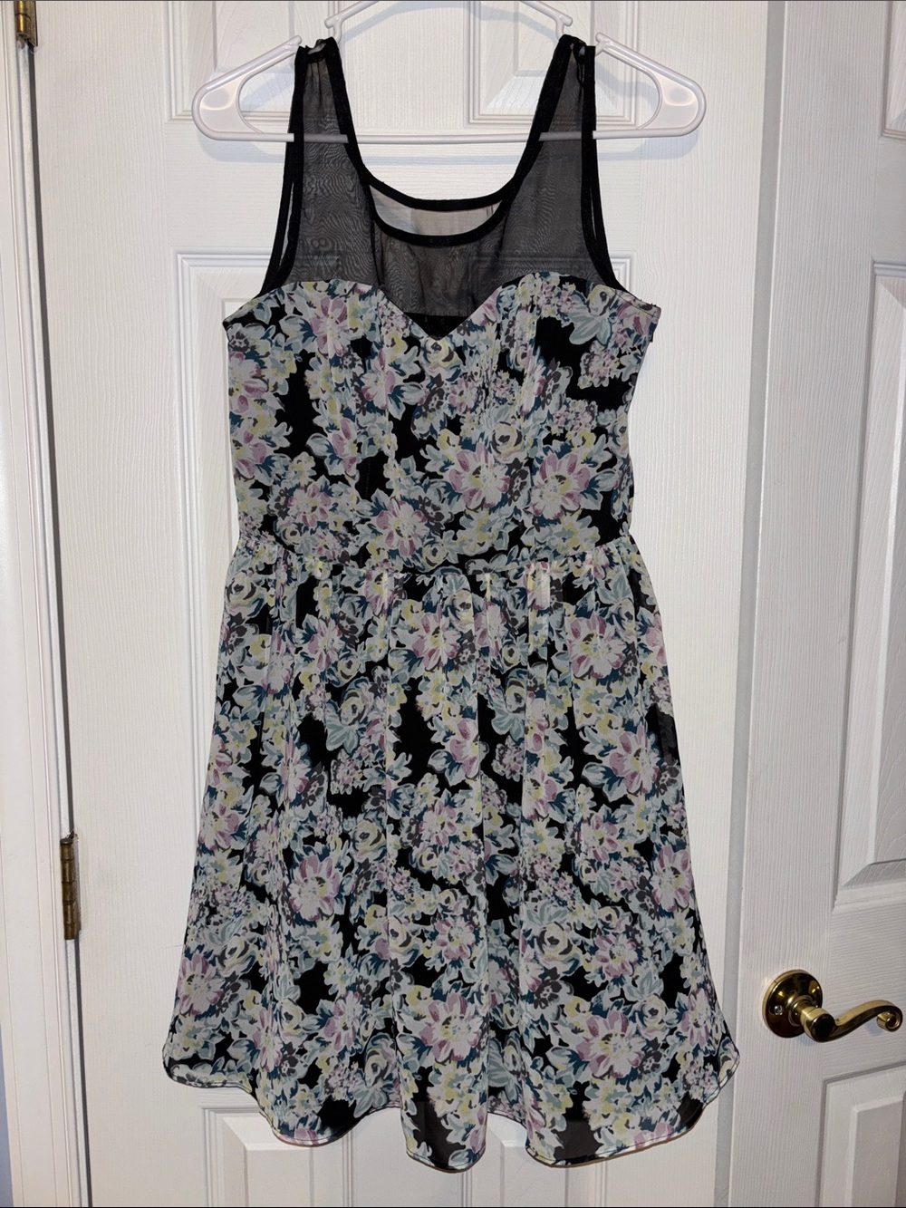LC Lauren Conrad Black Floral Mesh-Yoke Skater Dress
